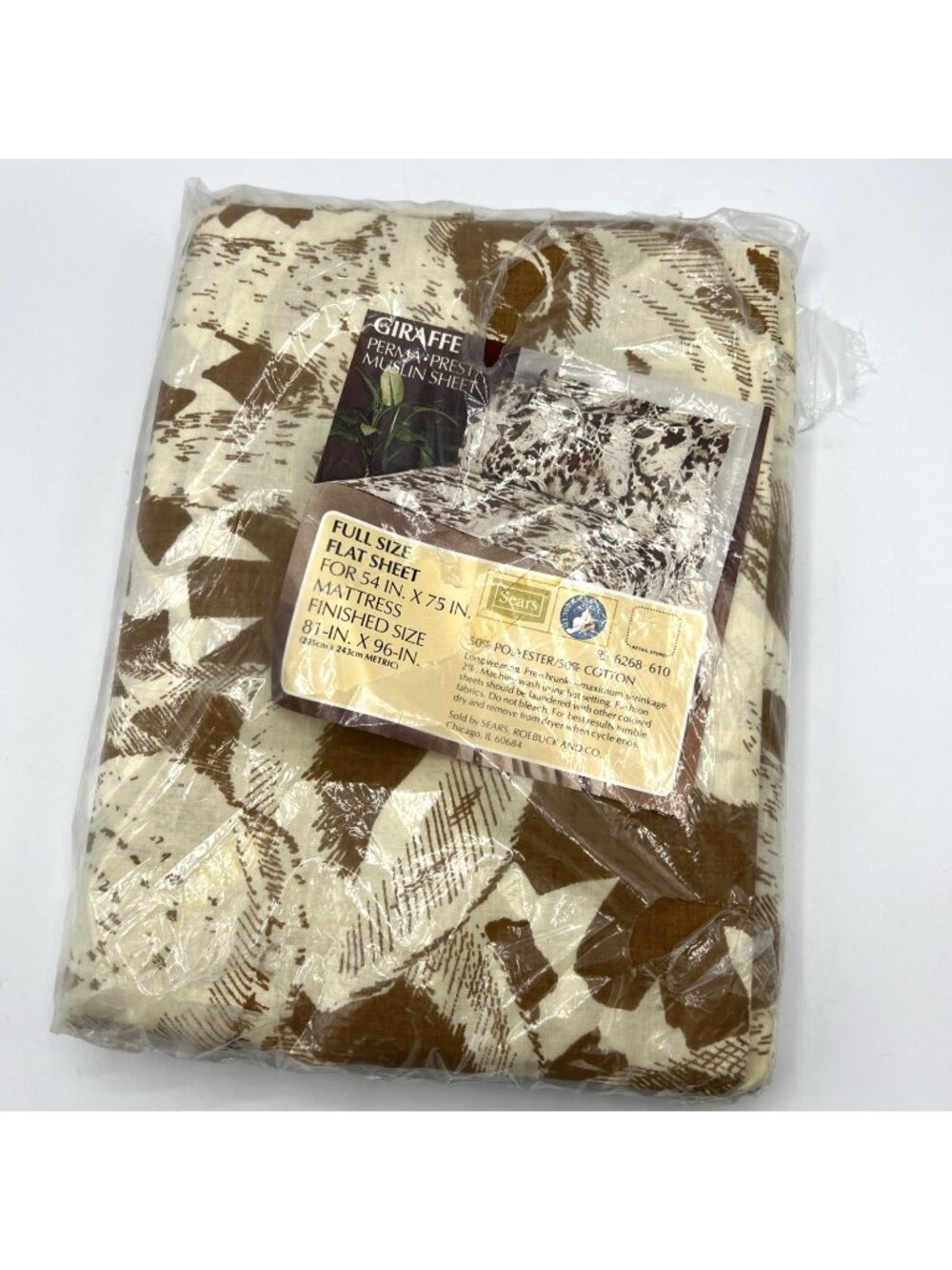 Vintage Sears Full Flat Sheet Giraffe Jungle Brown Beige